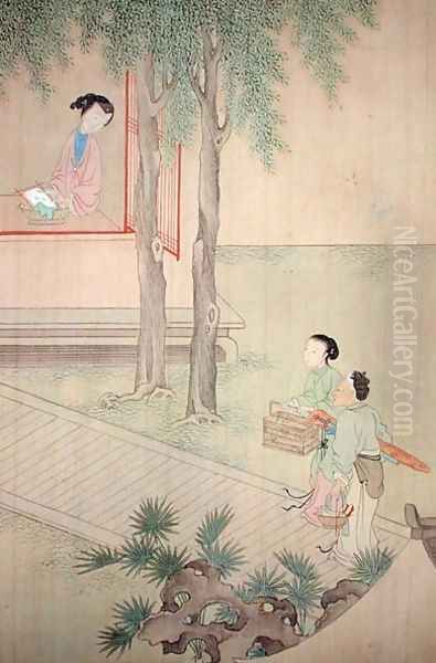 Two Girls with Birdcage and Basket Oil Painting by Fu Chuiu Ying Shih