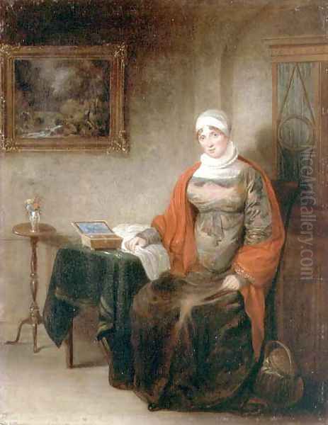 Portrait of Mrs John Crome Seated at a Table by an Open Workbox Oil Painting by Michael William Sharp