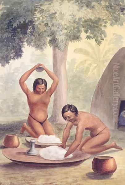 Making poi from kalo, Sandwich Islands, 1852 Oil Painting by James Gay Sawkins