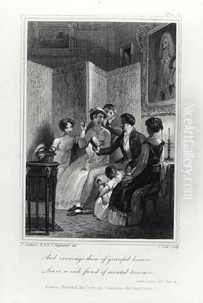 Family Scene - Evening in the Drawing Room, from 'The Social Day' by Peter Coxe, engraved by J. Scott, published 1822 Oil Painting by Stothard, T. & Stephanoff, J.