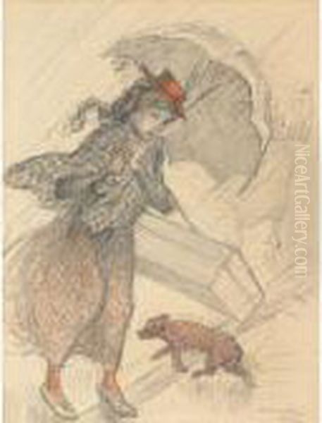 Delivery Woman In The Rain Oil Painting by Theophile Alexandre Steinlen