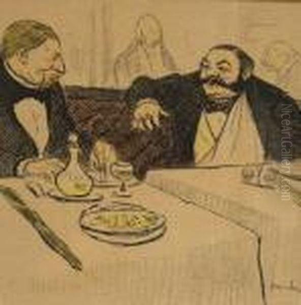 Two Men Dining Oil Painting by Theophile Alexandre Steinlen