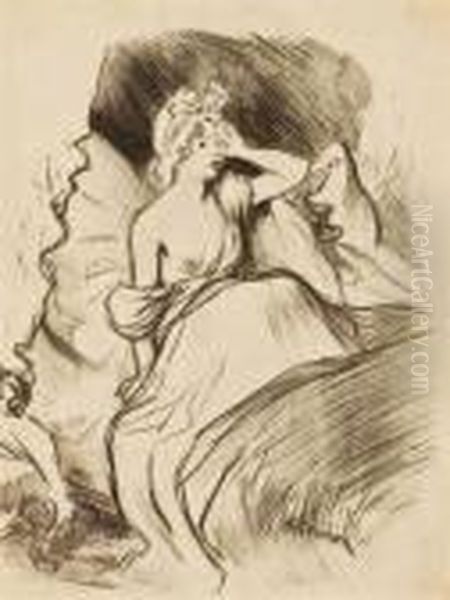 Jeune Femme Au Reveil Assise Dans Son Lit Oil Painting by Theophile Alexandre Steinlen