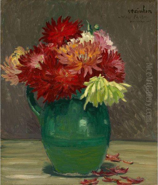 Peonies In Green Jug Oil Painting by Theophile Alexandre Steinlen