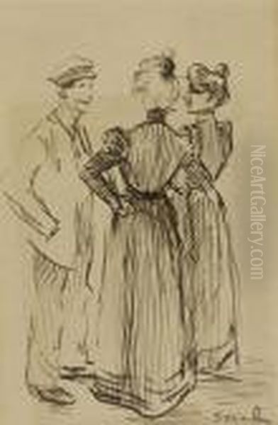 Three People Conversing Oil Painting by Theophile Alexandre Steinlen