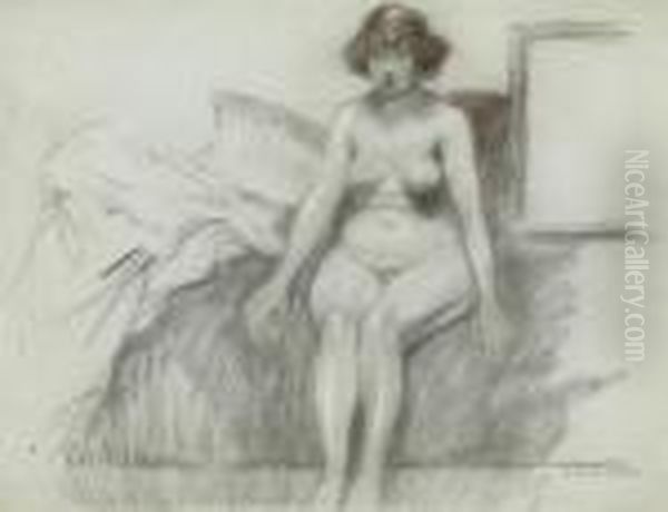 Seated Female Nude Oil Painting by Theophile Alexandre Steinlen