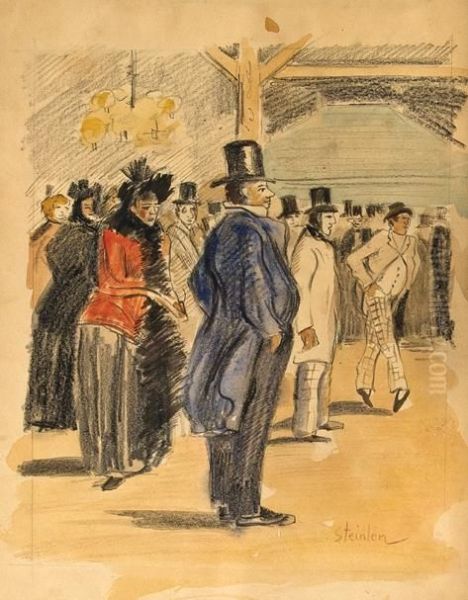 A Gathering Crowd Oil Painting by Theophile Alexandre Steinlen