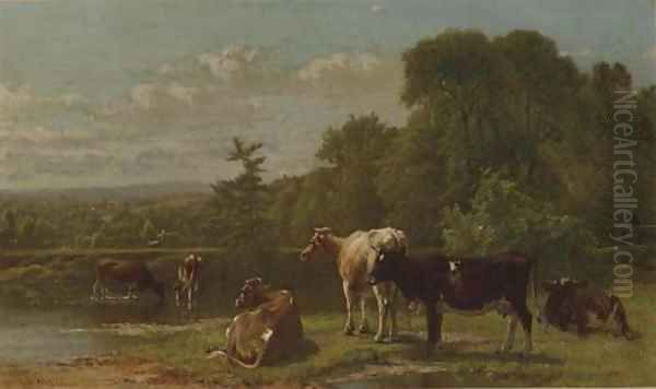 Cows at the River's Edge Oil Painting by Aaron Draper Shattuck