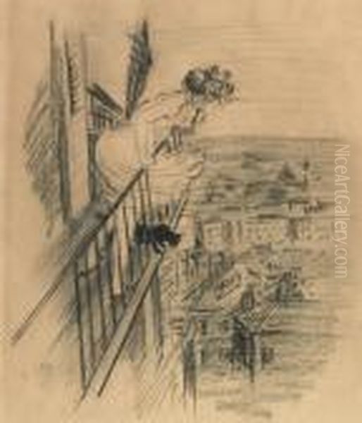 Woman With Cat On Balcony. Oil Painting by Theophile Alexandre Steinlen