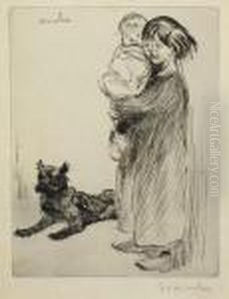 Girl With Baby And Dog Oil Painting by Theophile Alexandre Steinlen