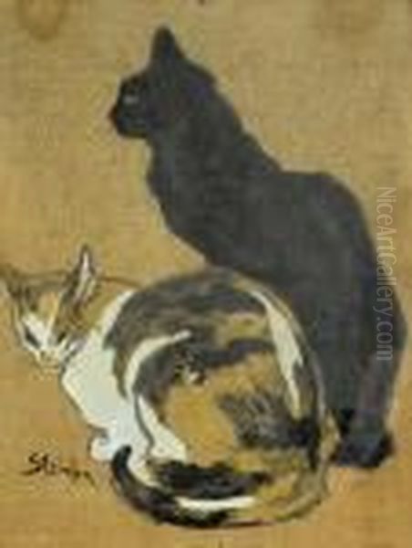 Zwei Katzen. Oil Painting by Theophile Alexandre Steinlen