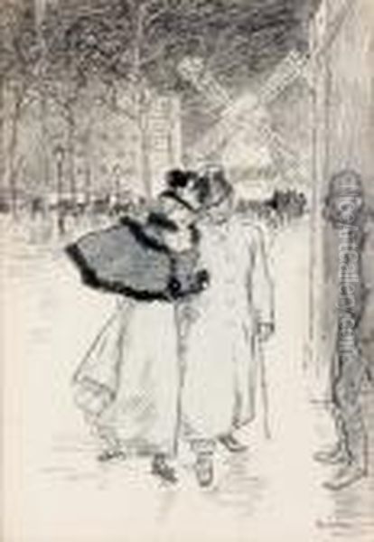 Couple Devant Le Moulin Rouge Oil Painting by Theophile Alexandre Steinlen