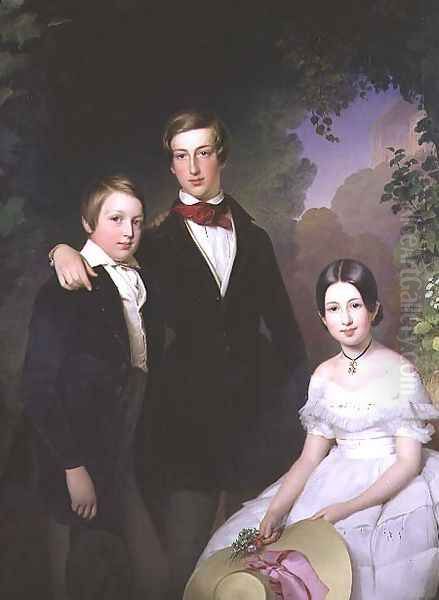 Portrait of Prince Maximilian 1827-49 Prince Moritz 1831-1903 and Princess Leopoldine Louisa 1835-92 of Lobkowicz, 1844 Oil Painting by Franz Schrotzberg