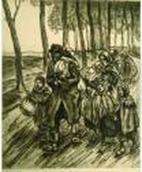 [famille Sur La Route, L'exode]. Oil Painting by Theophile Alexandre Steinlen