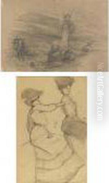 Deux Femmes Assises And Etudes De Guerre: A Double-sided Drawing Oil Painting by Theophile Alexandre Steinlen