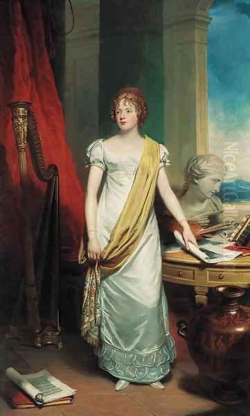 Portrait of a lady, full-length, in a white dress with a yellow silk sash Oil Painting by Sir Martin Archer Shee