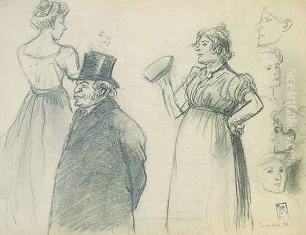 Etude De Figures Dont Homme En 
Manteau Et Chapeau Haut De Forme Et Femme Au Fer A Repasser Oil Painting by Theophile Alexandre Steinlen