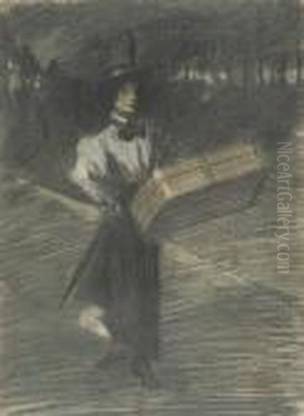 Girl With A Suitcase Oil Painting by Theophile Alexandre Steinlen