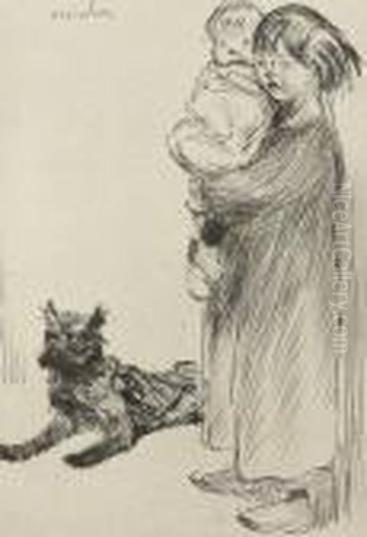 Geschwisterpaar Mit Hund. Oil Painting by Theophile Alexandre Steinlen