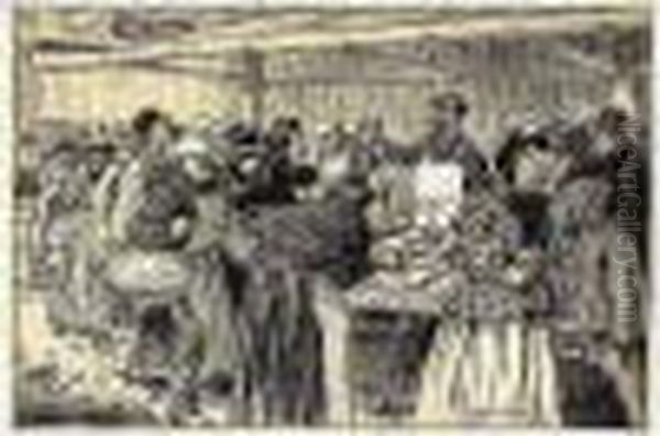 Street Market Oil Painting by Theophile Alexandre Steinlen