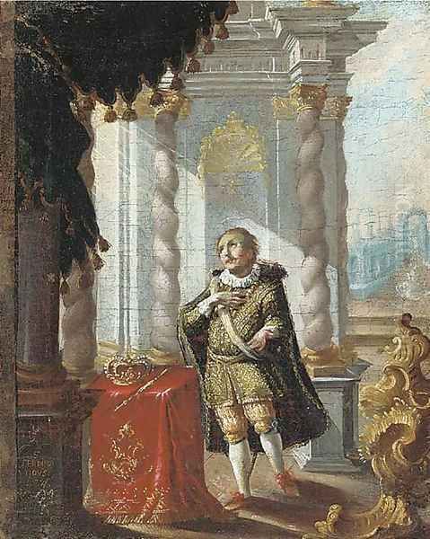 Saint Ferdinand of Castile, his crown and sceptre resting on a draped table, in a feigned border Oil Painting by Karel Skreta