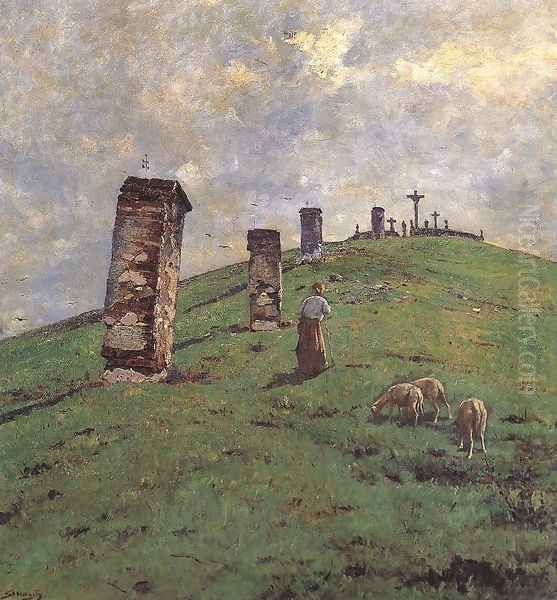 Calvary at Bodajk 1880-90 Oil Painting by Bela Spanyi