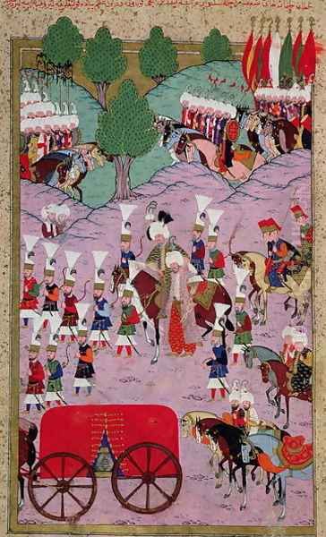 TSM H.1524 Hunername The Army of Suleyman the Magnificent 1494-1566 Leave for Europe, from the Book of Excellence by Lokman, 1588 Oil Painting by I the Magnificent Suleyman