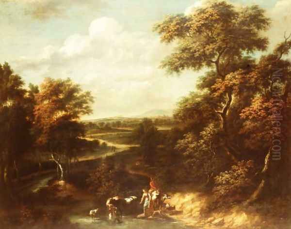 An extensive wooded landscape with a herdsman and a peasant girl Oil Painting by Jan Philip Spalthof