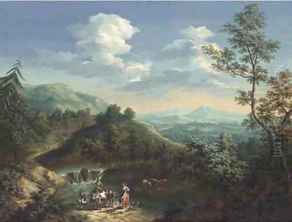 An extensive mountainous landscape with a drover, his cattle, a shepherd and his flock and a shepherdess on a river bank Oil Painting by Jan Philip Spalthof