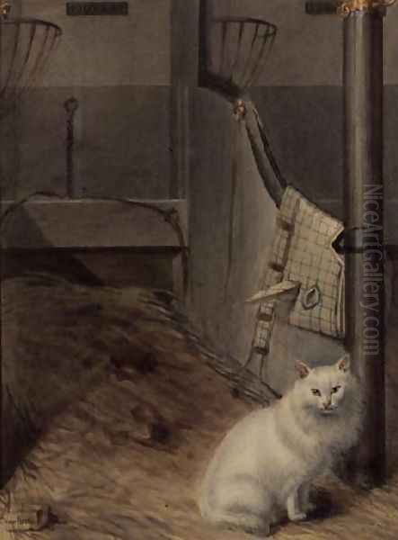 White Persian Cat in a Stable Oil Painting by Lady Charlotte Schreiber