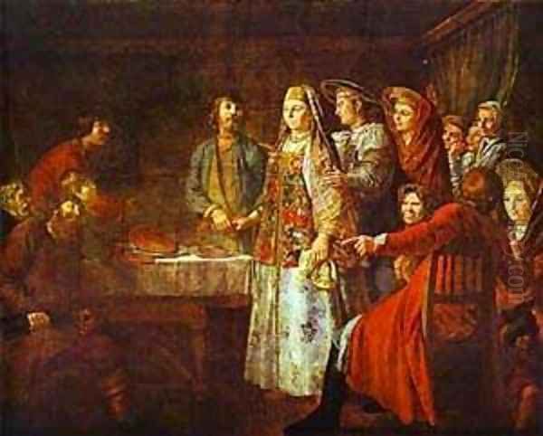 Signing of Marriage Contract 1777 Oil Painting by Mikhail Shibanov