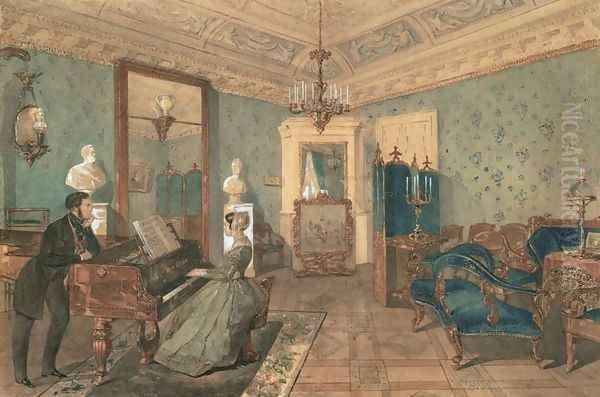 Interior of the Drawing Room in the house of Baron Stieglitz in St. Petersburg, 1841 Oil Painting by Pyotr Fyodorovich Sokolov