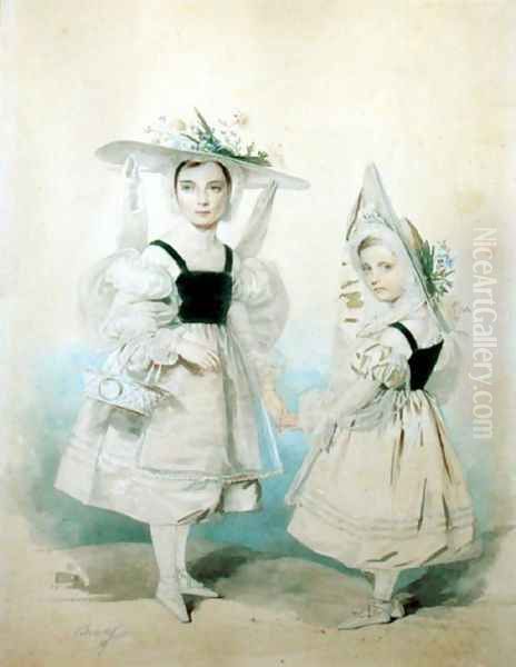 Portrait of the Grand Princesses Olga and Alexandra in Fancy Dress, 1830s Oil Painting by Pyotr Fyodorovich Sokolov