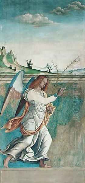 Angel Gabriel, annunciation panel originally forming one of the outside shutters of the organ in San Bartolomeo, Vicenza Oil Painting by Giovanni de' Vajenti Speranza