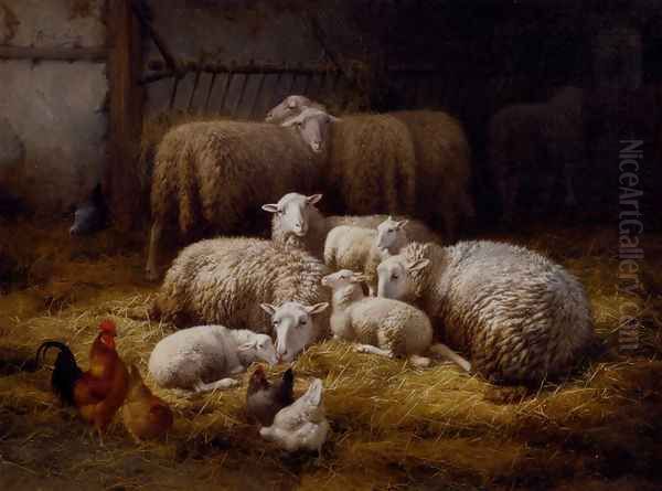 Sheep And Chickens In A Farm Interior Oil Painting by Theo van Sluys