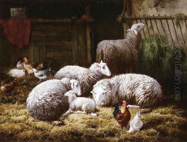 Sheep, Roosters and Chickens in a Barn Oil Painting by Theo van Sluys