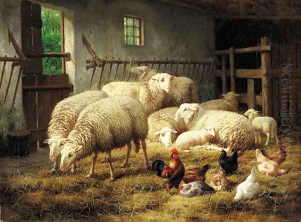 A stable with sheep and chickens Oil Painting by Theo van Sluys