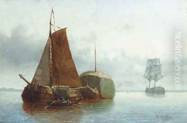 Haybarges and a two-master on a calm Oil Painting by Theo van Sluys