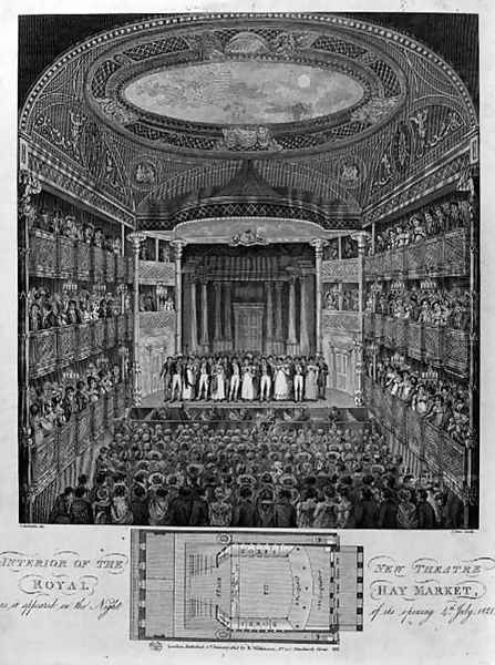 Interior of the New Theatre Royal, Haymarket, as it Appeared on the Night of its Opening, 4th July 1821, engraved by James Stow c.1770-p.1823, 1823 Oil Painting by Schebbellie