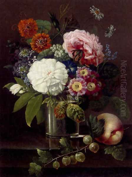 Roses, marigolds, daises, primroses and other summer blooms in a glass by a peach and a sprig of gooseberries Oil Painting by Johan Carl Smirsch