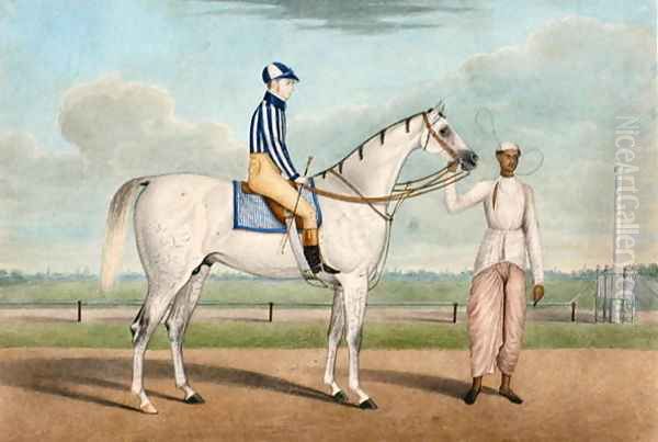 Racehorse with jockey up and groom, Calcutta Oil Painting by of Karraya Shaik Muhammad Amir