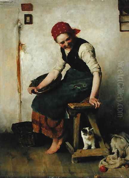 Young Girl with a Cat, 1884 Oil Painting by Theodor Schmidt