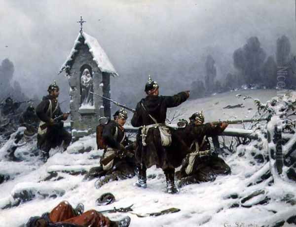 Winter Skirmish by a Shrine, 1846 Oil Painting by Christian Sell