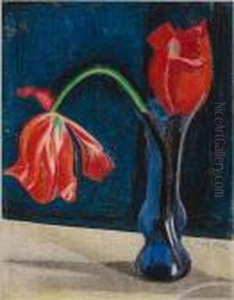 Red Tulips In Blue Vase by Joseph Stella