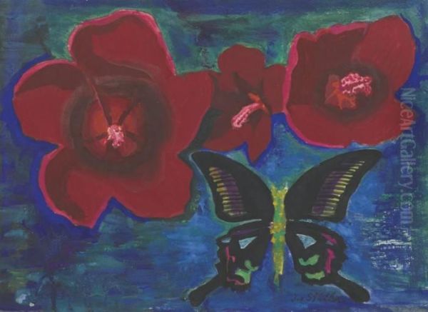 Flowers And Butterfly Oil Painting by Joseph Stella