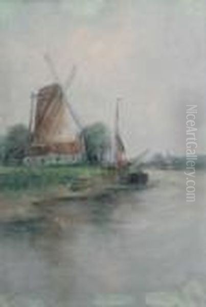 Scheldebocht Met Windmolen En Zeilboot Op Het Droge Oil Painting by Romain Steppe