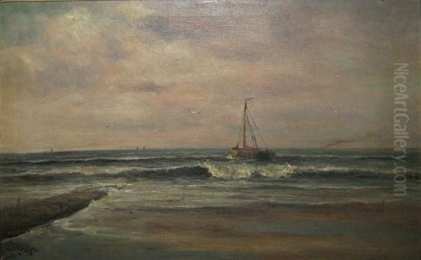 Vissersboot Op Zee. Oil Painting by Romain Steppe