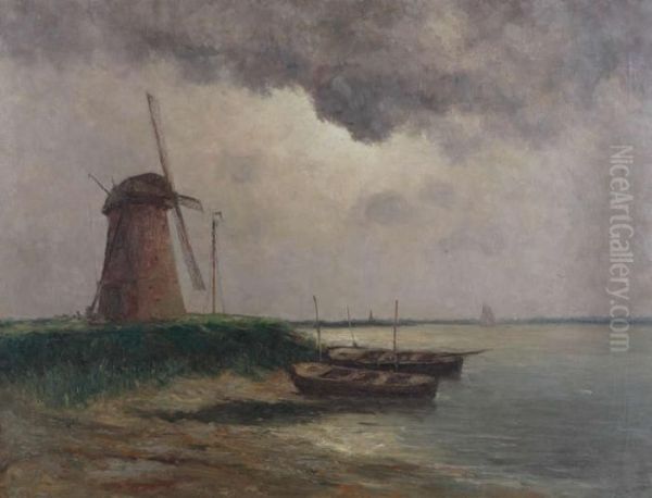 'matin Bord De L'escaut/moulin A Weert' Oil Painting by Romain Steppe