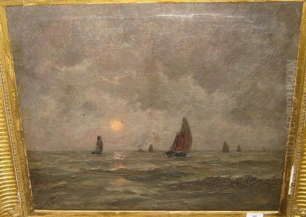 Bootjes Op Zee S'nachts Oil Painting by Romain Steppe