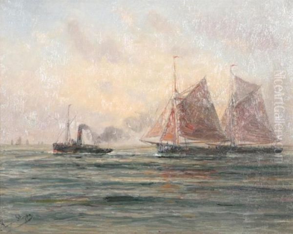 Marine With Yachts And Steamers Oil Painting by Romain Steppe